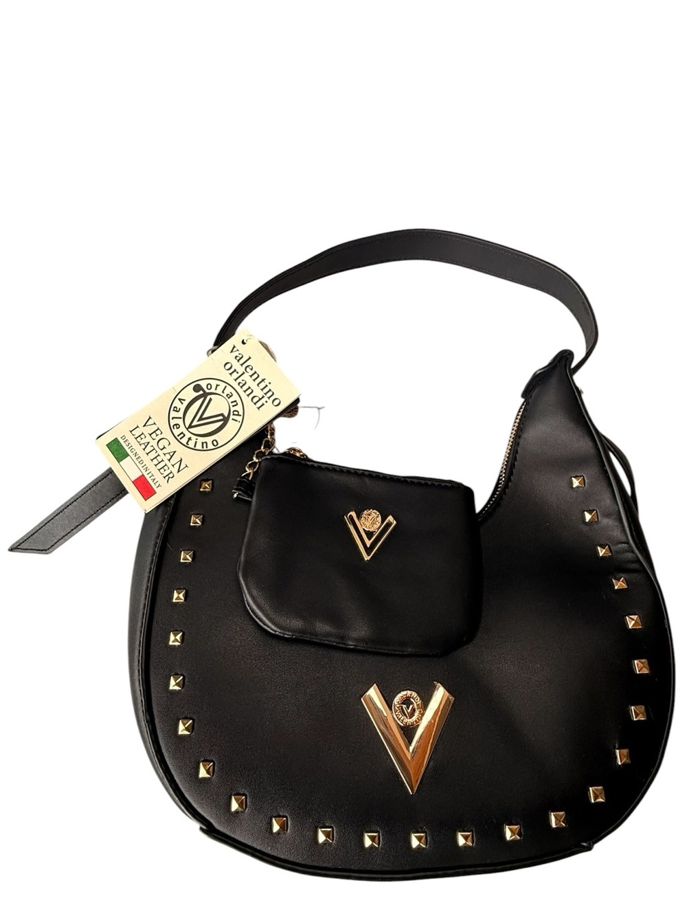Valentino Orlandi Black Vegan Leather Studded Shoulder Bag with Gold Accents